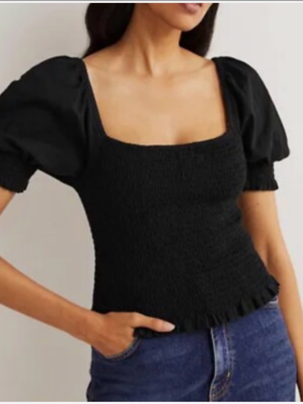 Boden Black Smocked Puff Sleeve Crop Top